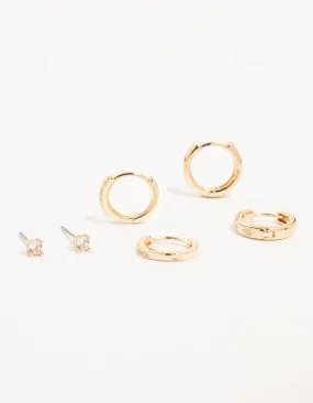 Gold Cubic Zirconia Cluster Hoop & Classic Stud Earrings 3-Pack Abstract Jewelry Glossy Item