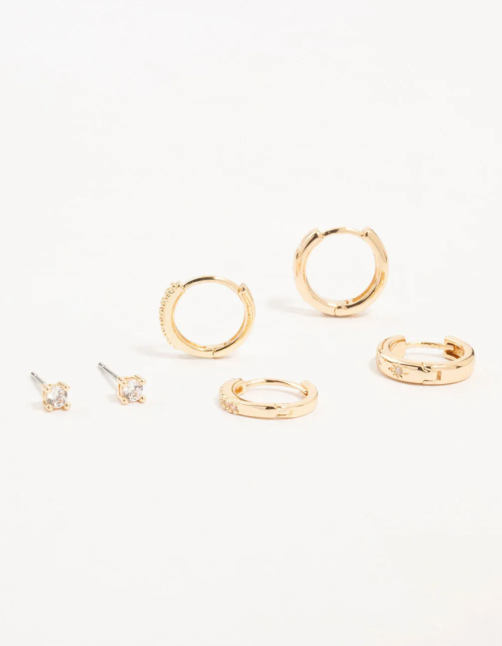 Gold Cubic Zirconia Cluster Hoop & Classic Stud Earrings 3-Pack Abstract Jewelry Glossy Item