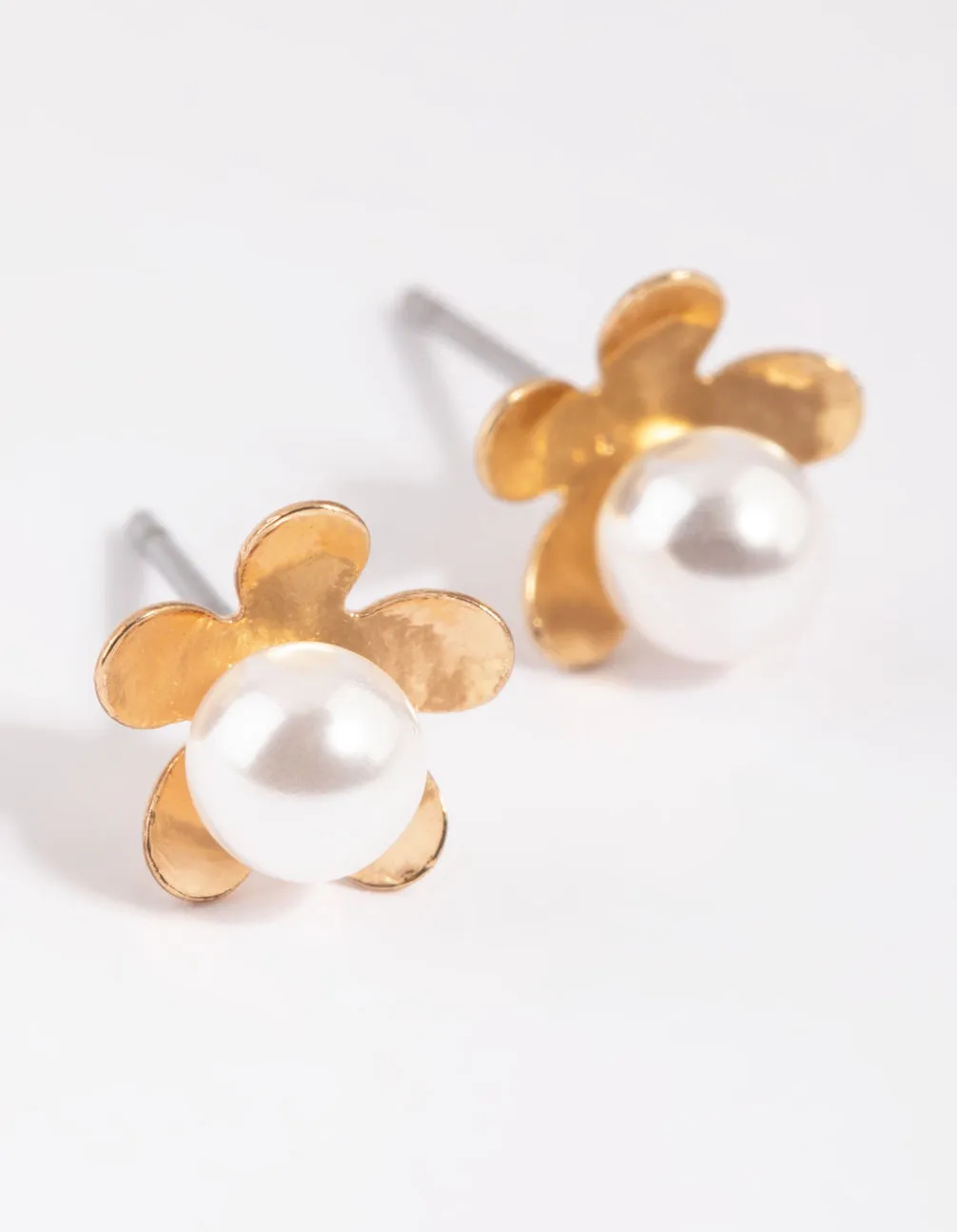 Gold Pearl & Flower Stud Earrings Unique Look Vacation Adornment