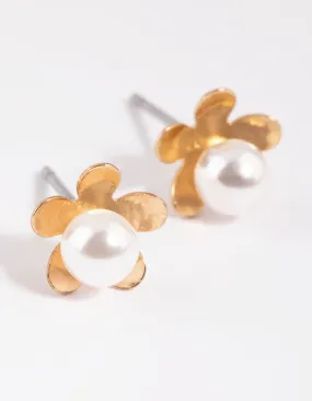 Gold Pearl & Flower Stud Earrings Unique Look Vacation Adornment