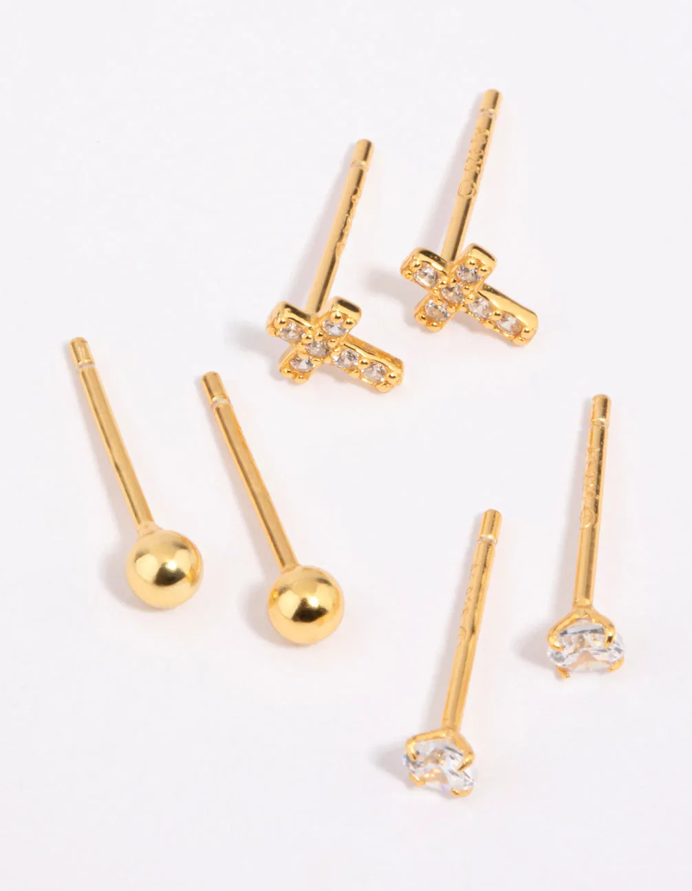 Gold Plated Sterling Silver Cross & Diamante Stud Earring Pack Minimalist Trinket High-Quality Essential