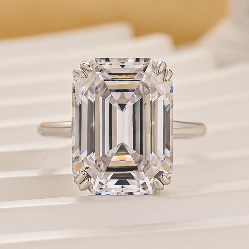 Luxurious 11.5 Carat Emerald Cut Engagement Ring In Sterling Silver Vogue Style