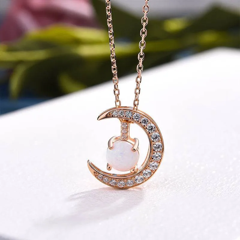 Louily Rose Gold Moon Design Opal Pendant Necklace In Sterling Silver Soft Highlight