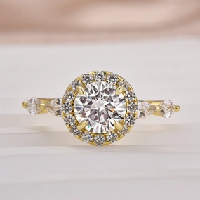 Louily Moissanite 1.0 Ct Halo Round Cut Yellow Gold Promise Ring Charming Shine