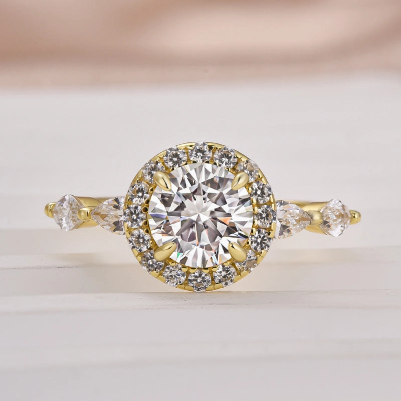 Louily Moissanite 1.0 Ct Halo Round Cut Yellow Gold Promise Ring Everyday Set