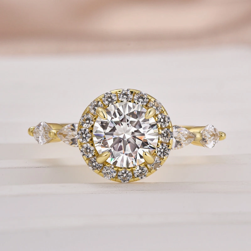 Louily Moissanite 1.0 Ct Halo Round Cut Yellow Gold Promise Ring holiday season