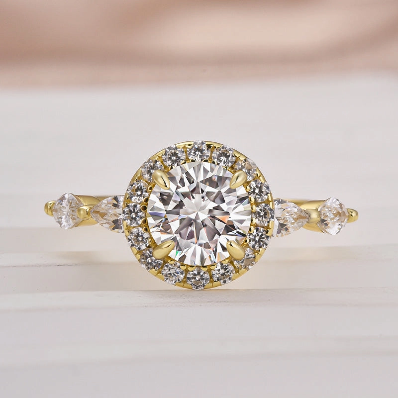 Louily Moissanite 1.0 Ct Halo Round Cut Yellow Gold Promise Ring Charming Shine