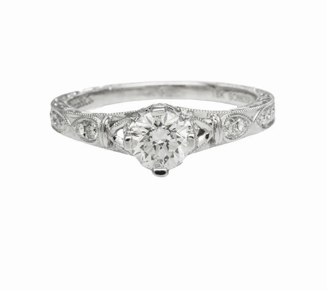 Signature Touch 18 Karat White Gold Engraved Antique Engagement Ring (.71ctw)