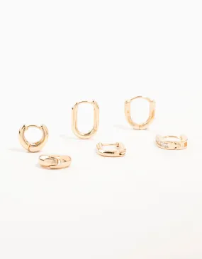 Gold Cubic Zirconia Oval Huggie Earrings 3-Pack Durable Look Polished Vibe