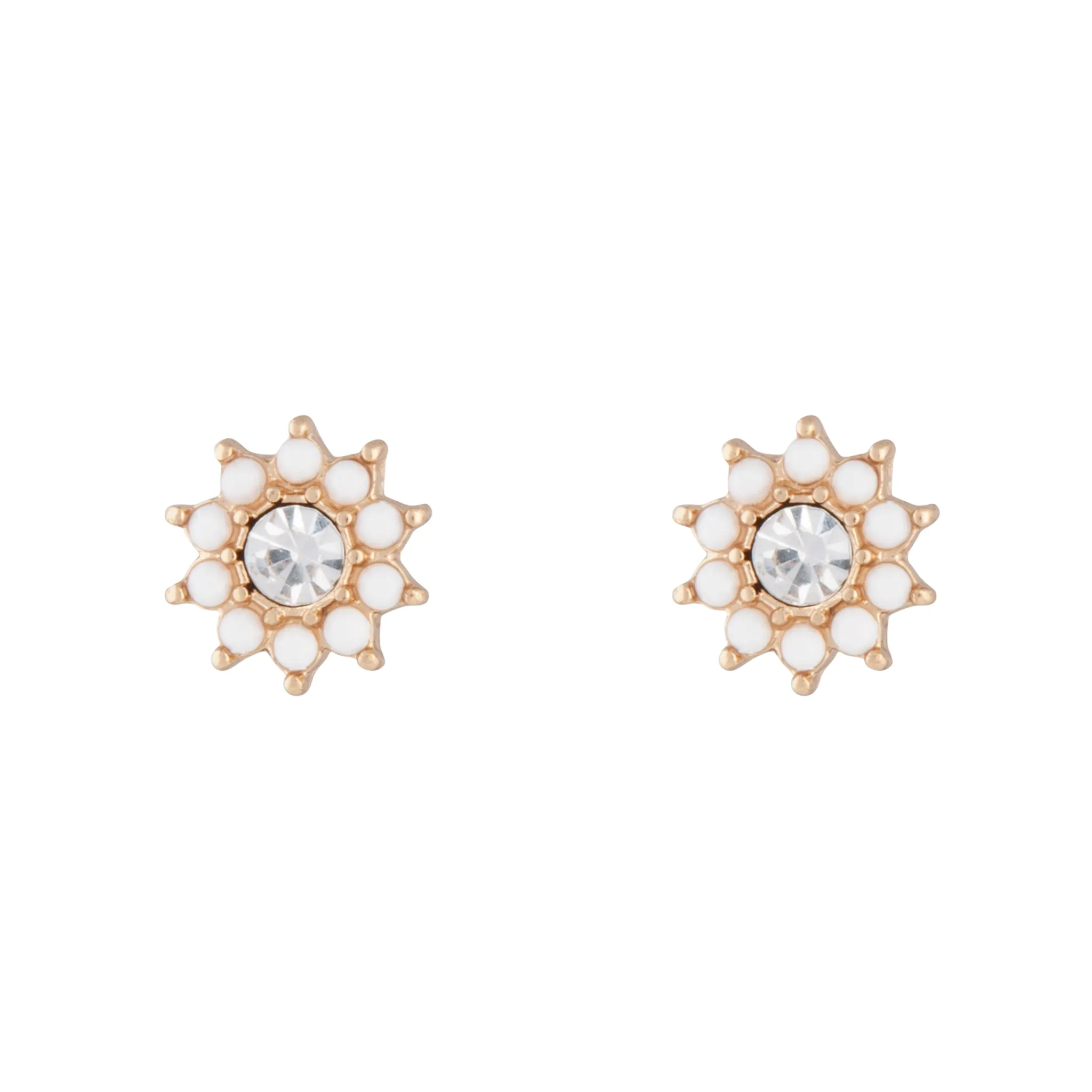 Metallic Jewelry Gold White Flower Diamante Stud Earrings