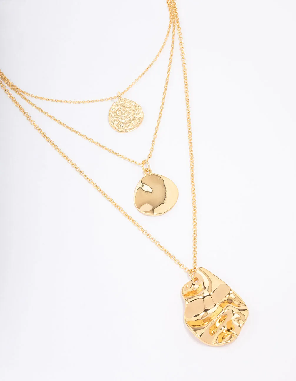 Gold Plated Trio Layered Molten Disc Necklace Artisan Accessory Fine Accessory