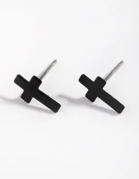 Matte Black Cross Stud Earrings Glossy Accent