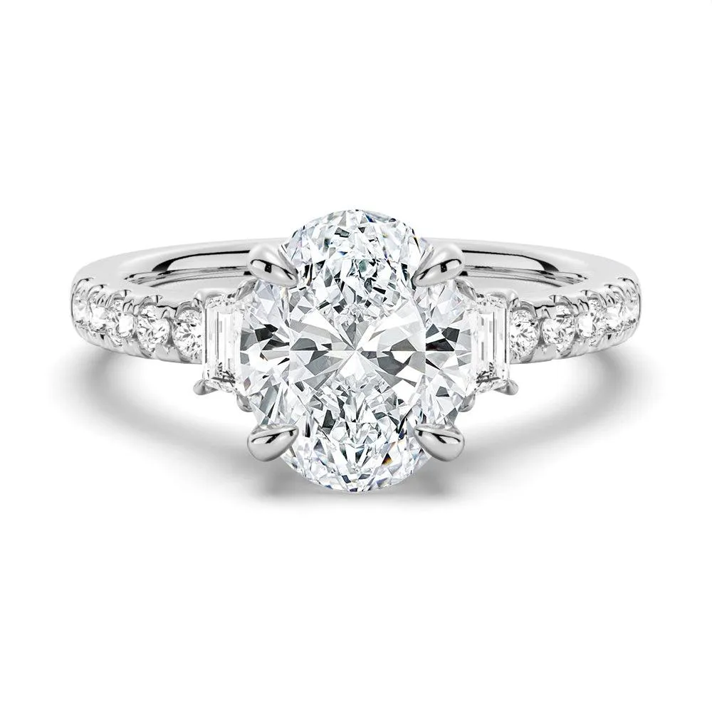 Three Stone Oval & Half Moon Moissanite Engagement Ring with Pav?? Band Elegant Vibe Minimal Balance