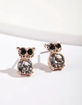 Decorative Vibe Rose Gold Diamante Owl Stud Earrings