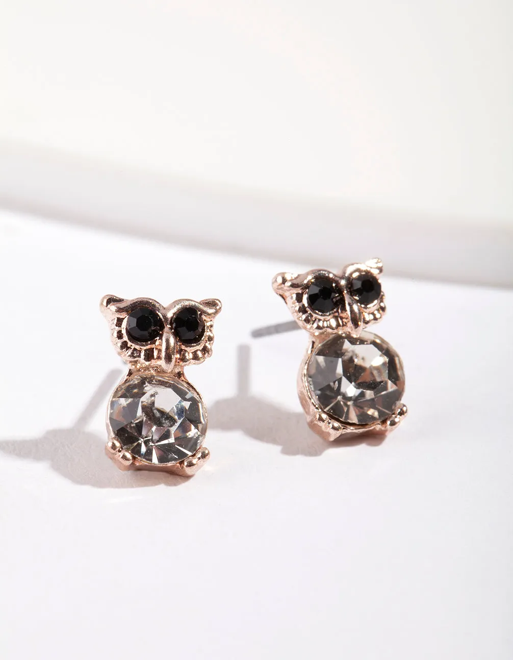 Decorative Vibe Rose Gold Diamante Owl Stud Earrings