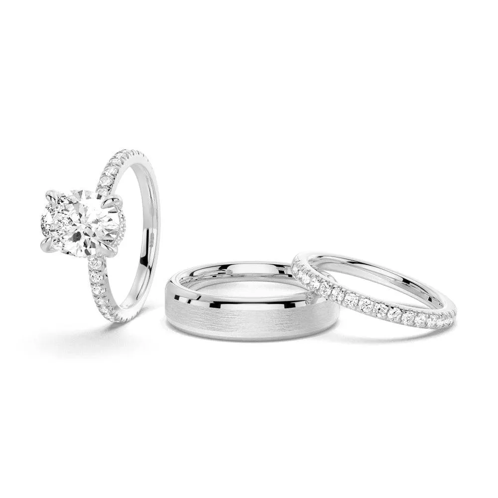 Micropav?? Oval Hidden Halo Moissanite Couple's Ring Set with Men's Wedding Band Exclusive Style