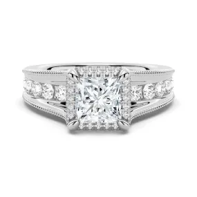 Dashing Accent Vintage Reproduction Milgrain Vintage Princess Cut & Round Moissanite Engagement Ring