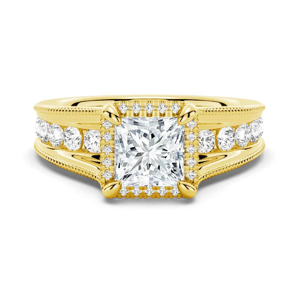 Milgrain Vintage Princess Cut & Round Moissanite Engagement Ring Personal Embellishment