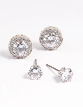 Silver Diamond Simulant Stud Earring Set Delicate Element