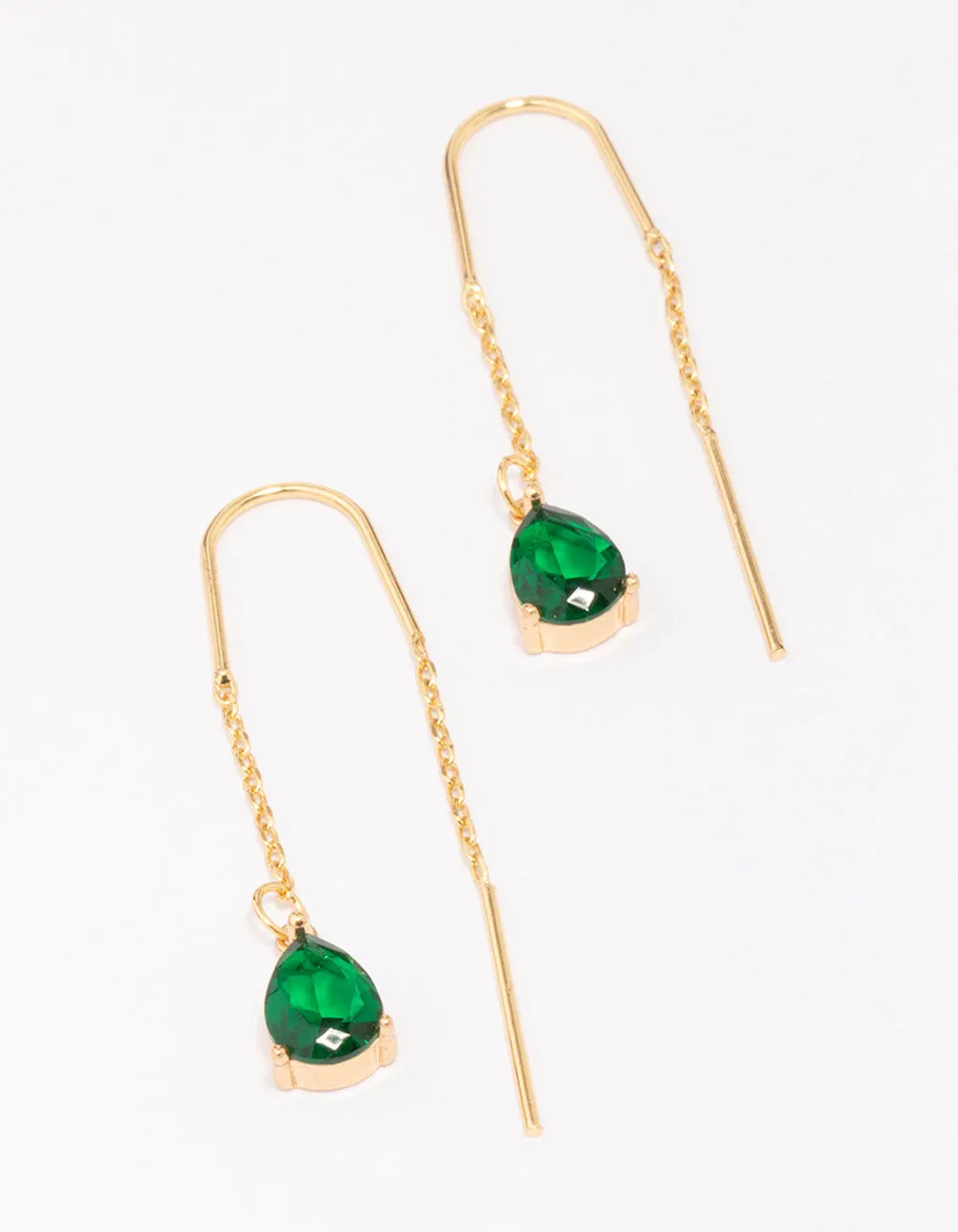 Circular Adornment Linear Ornament Gold Plated Cubic ZIrconia Emerald Threader Drop Earrings