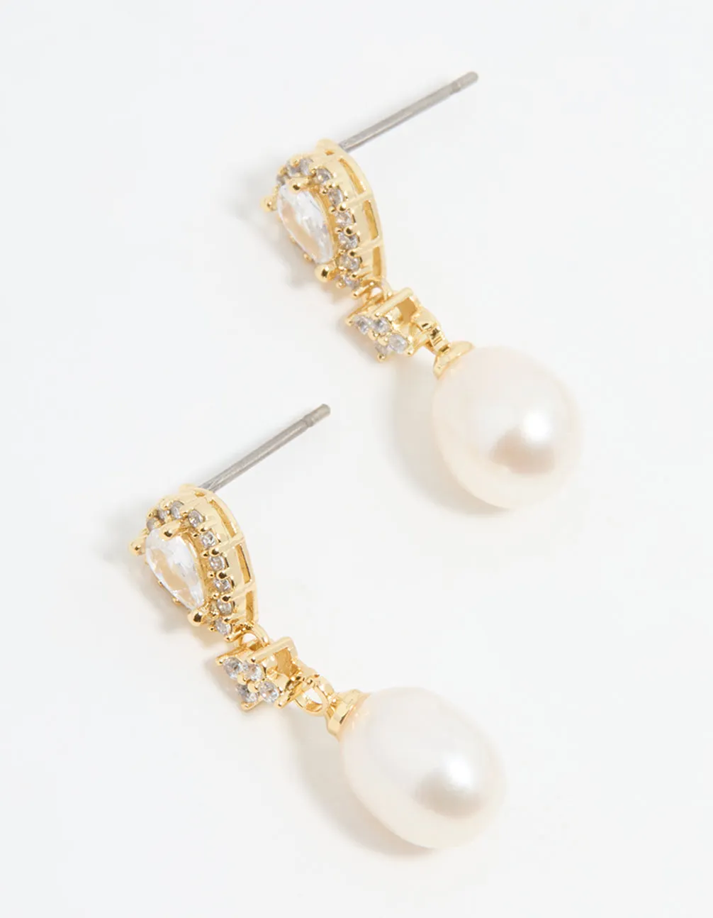 Wedding accessory Gold Plated Pearl Pear Diamante Drop Earrings