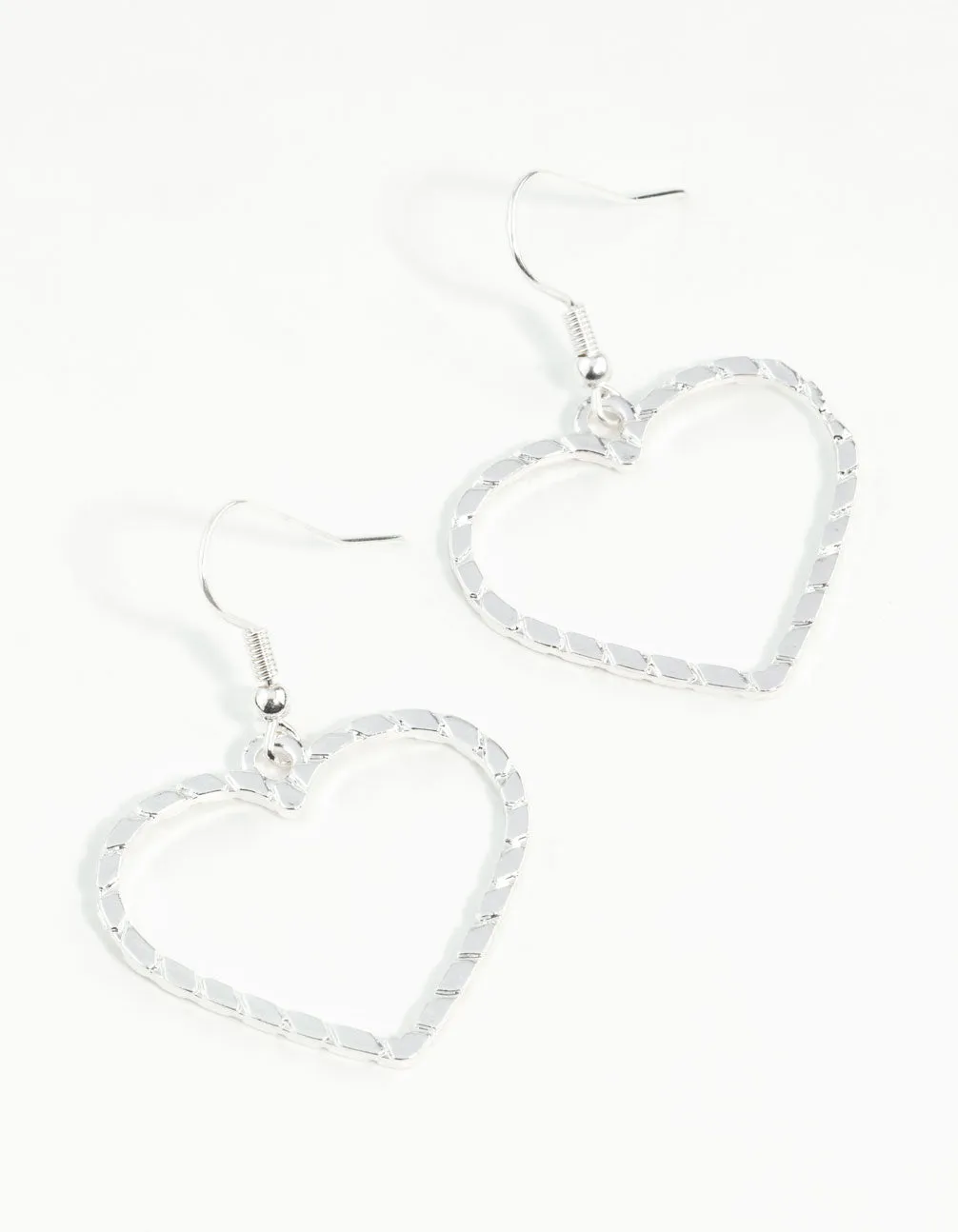 Triangular Piece Lightweight Finish Silver Textured Heart Cut Out Drop Earring