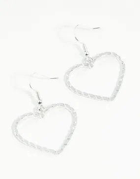 Triangular Piece Lightweight Finish Silver Textured Heart Cut Out Drop Earring