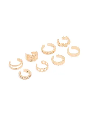 Gold Plated Thin Mixed Ear Cuffs 8-Pack Vintage-Inspired Adornment Avant-Garde Accessory