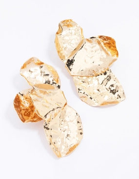 Gold Hammered Statement Petal Stud Earrings Curved Accessory