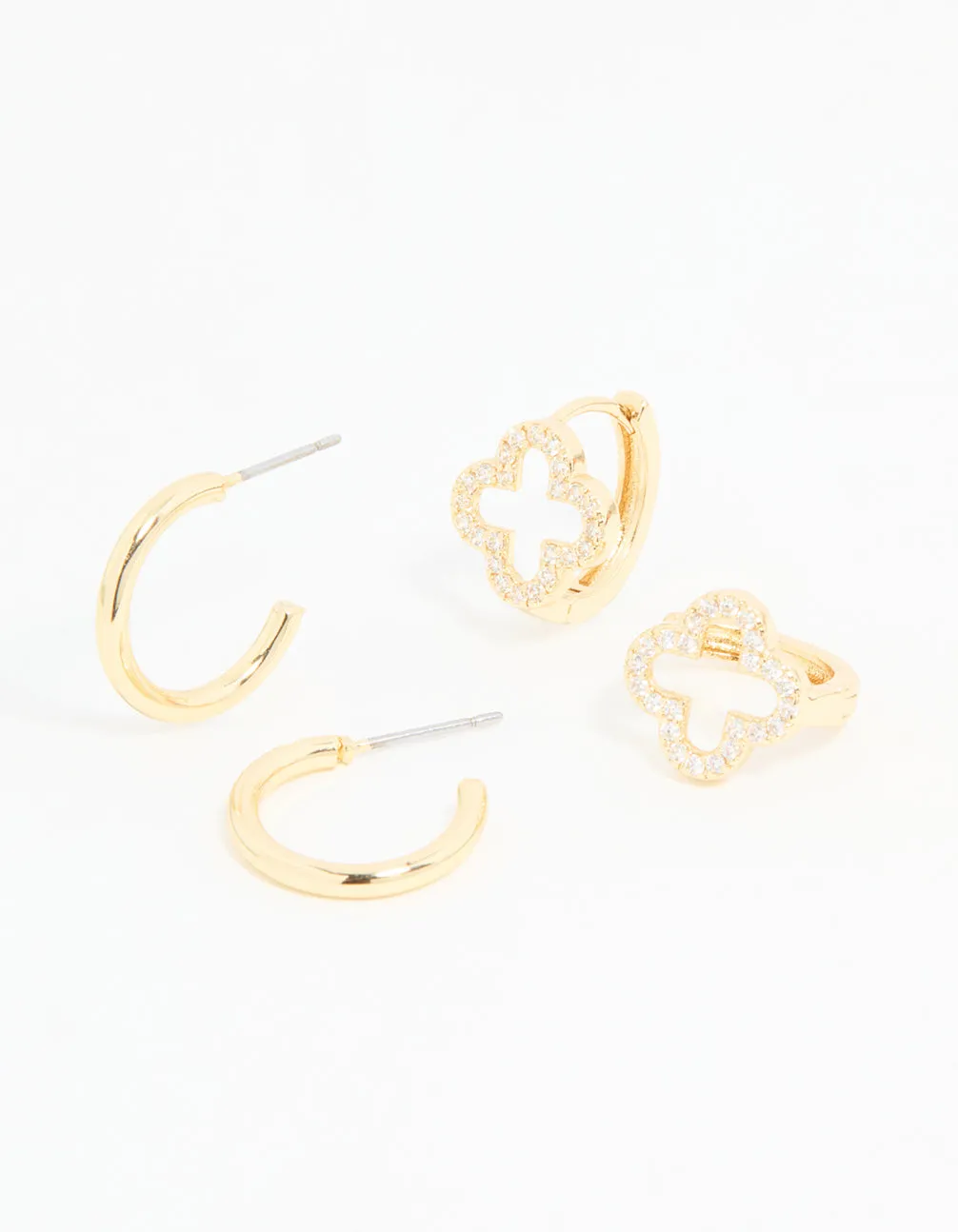 Gold Plated Cubic Zirconia Flower & Plain Huggie Earrings 2-Pack Brilliant Aesthetic Creative Decoration