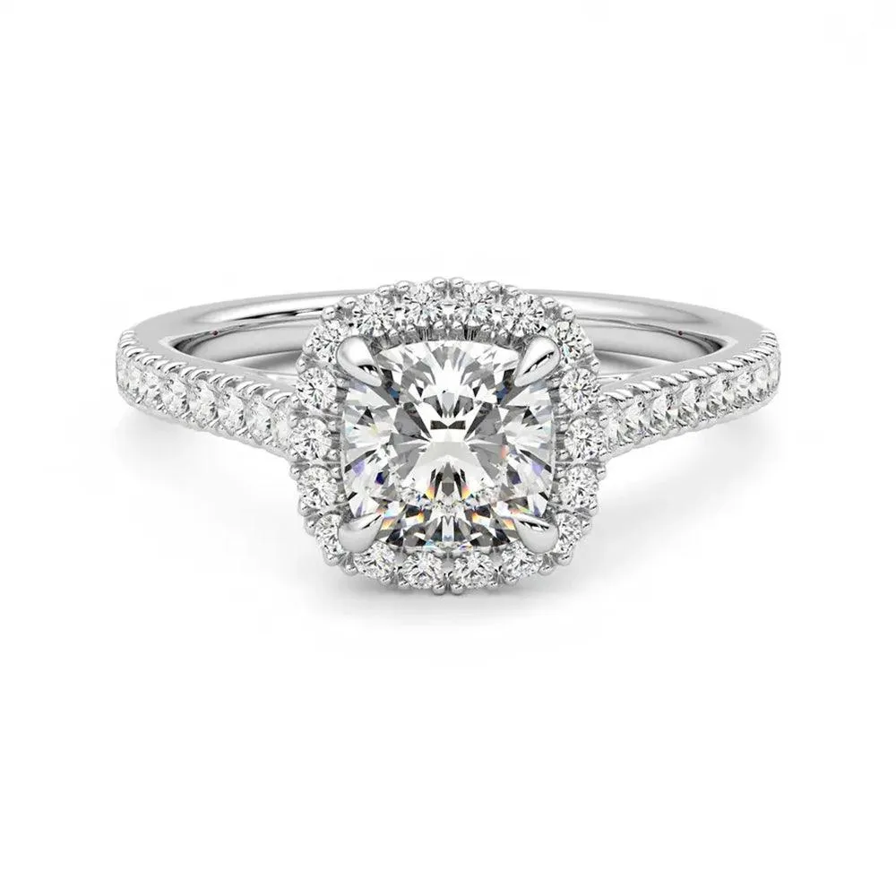 Cushion Cut Halo Moissanite Engagement Ring with Hidden Anniversary Stone Accent Simple Ornament Ornate Item
