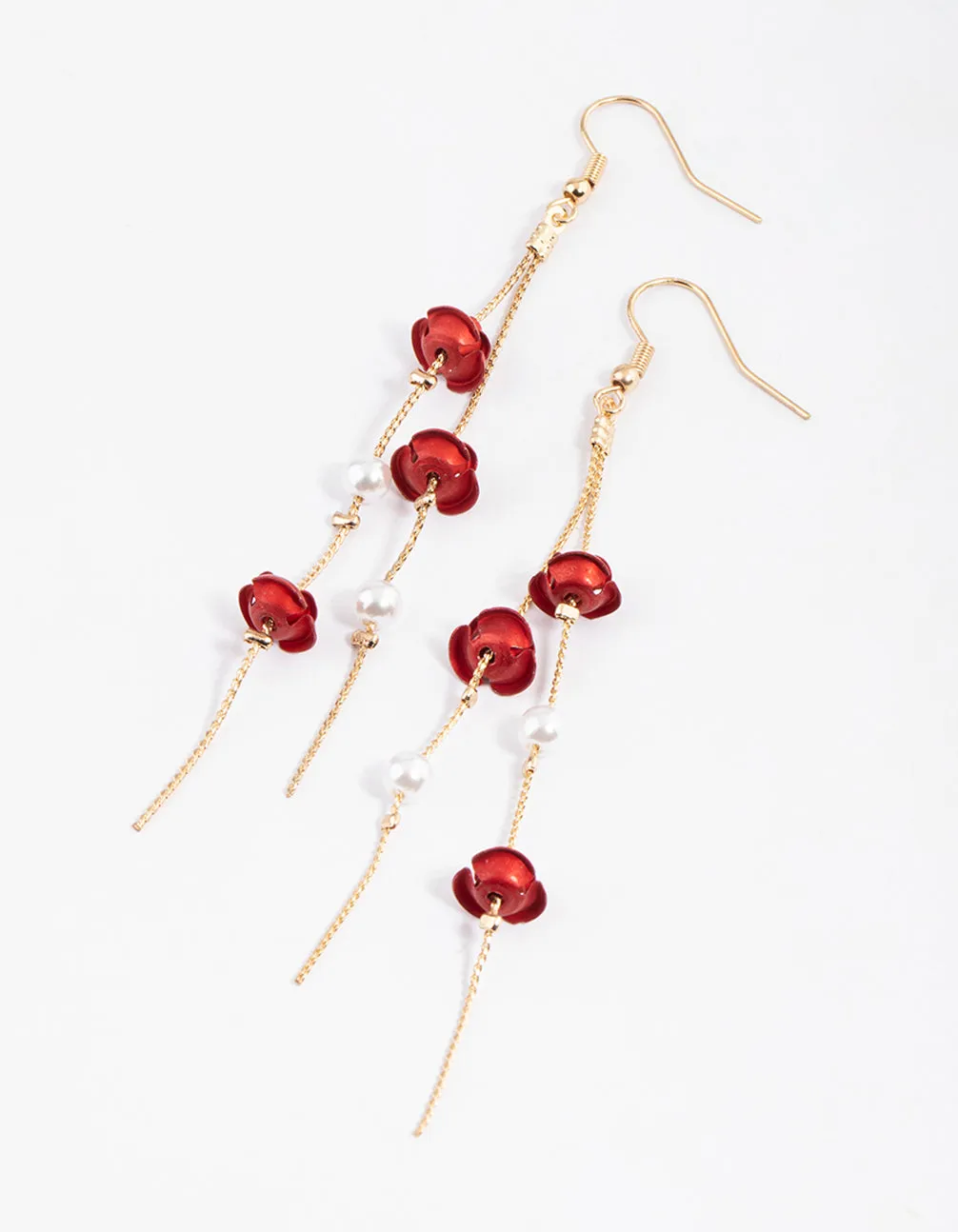 Summer Item Red Rose & Pearl Chain Drop Earrings