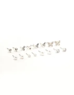 Unique Design Vintage-Inspired Accent Silver Pearl Diamante Butterfly Earrings 8-Pack