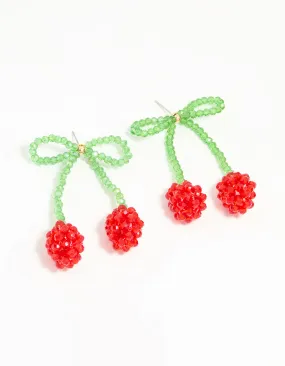 Classic Style Colorful Trinket Beaded Red Cherry Bow Drop Earrings