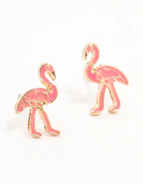 Gold Pink Epoxy Flamingo Stud Earrings Sturdy Piece Evening Trinket