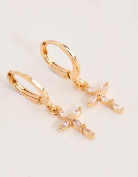 Classic Embellishment Trendy Piece Gold Diamante Cross Huggie Earrings