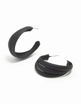Black Coated Metal Ridge Hoop Earrings Abstract Jewelry