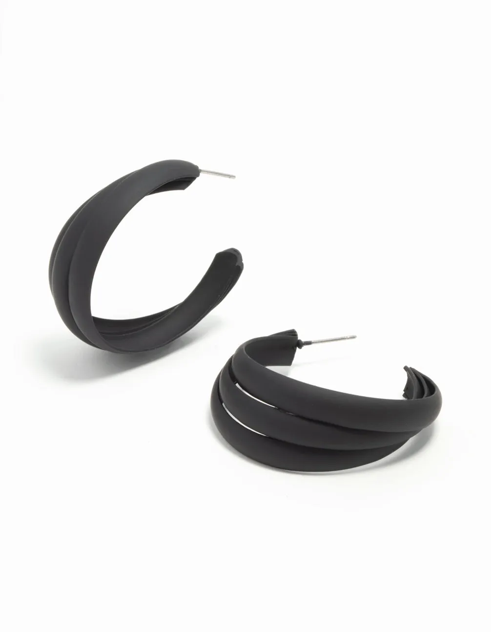 Black Coated Metal Ridge Hoop Earrings Abstract Jewelry