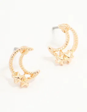 Gold Stapled Moon & Star Stud Earrings Straight Accent Trendy Adornment