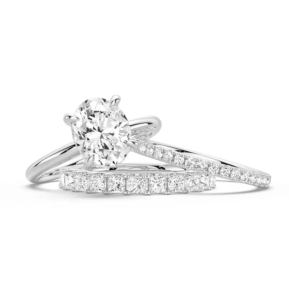 Oval Solitaire Hidden Halo Moissanite Ring Set with Matching Stacking Band Year Round