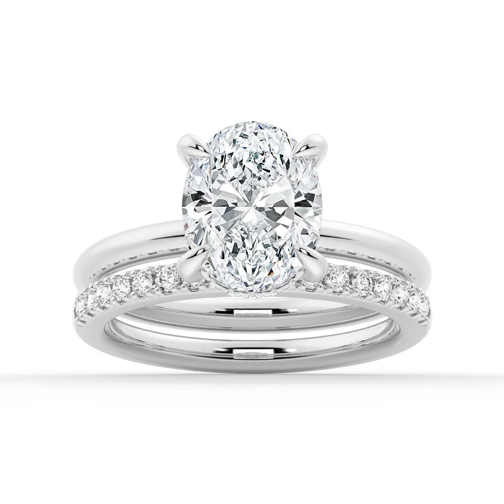 Oval Solitaire Hidden Halo Moissanite Ring Set with Matching Wedding Band No Assembly