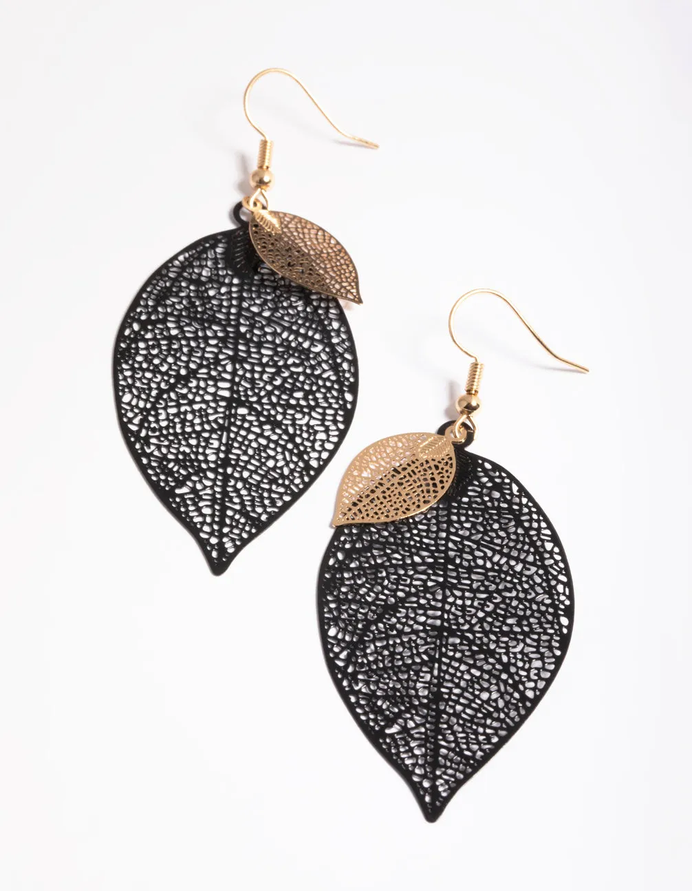 Pretty Adornment daily accessory Black Double Leaf Drop Earrings