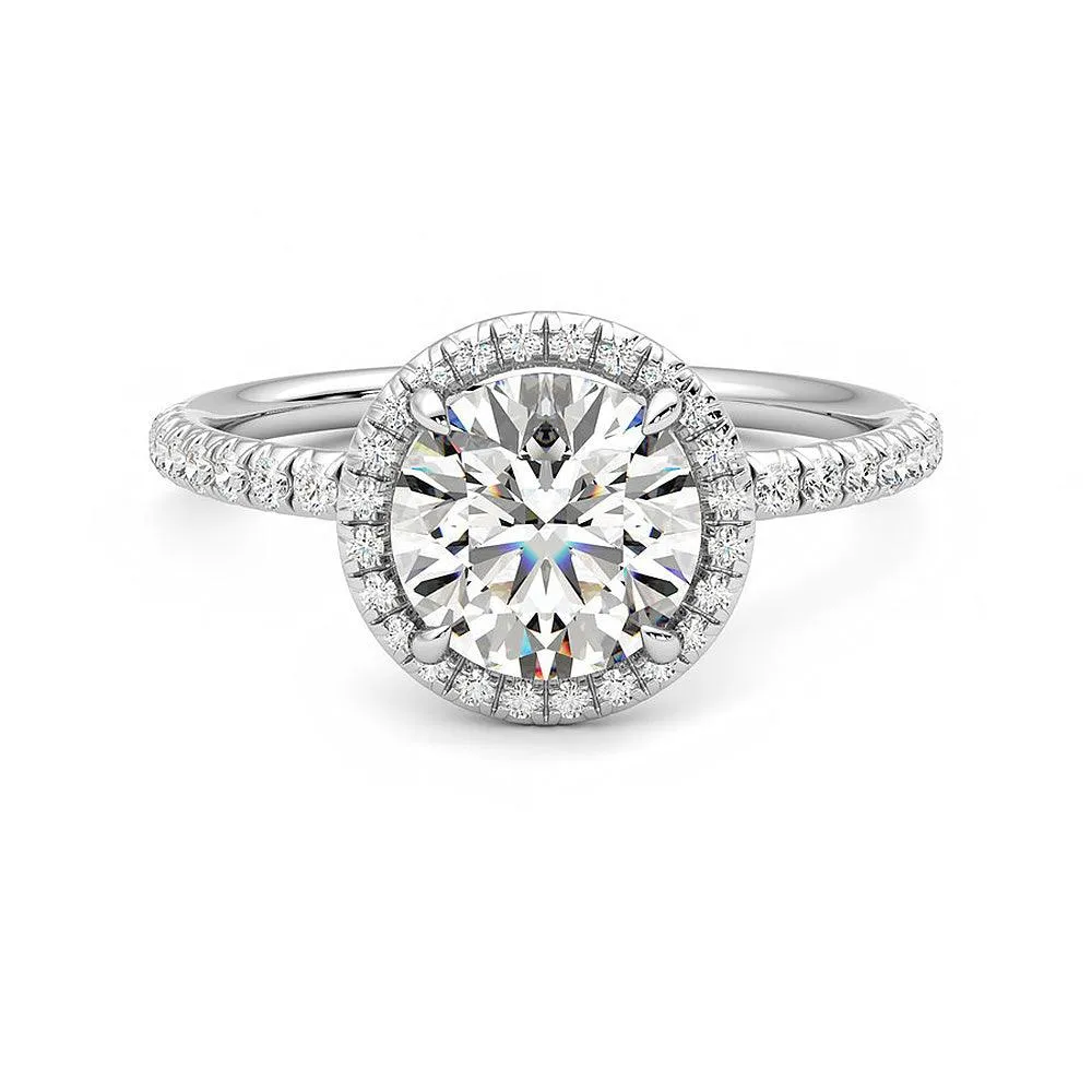 Round Halo Moissanite Engagement Ring with Hidden Anniversary Stone Accent Premium Decoration