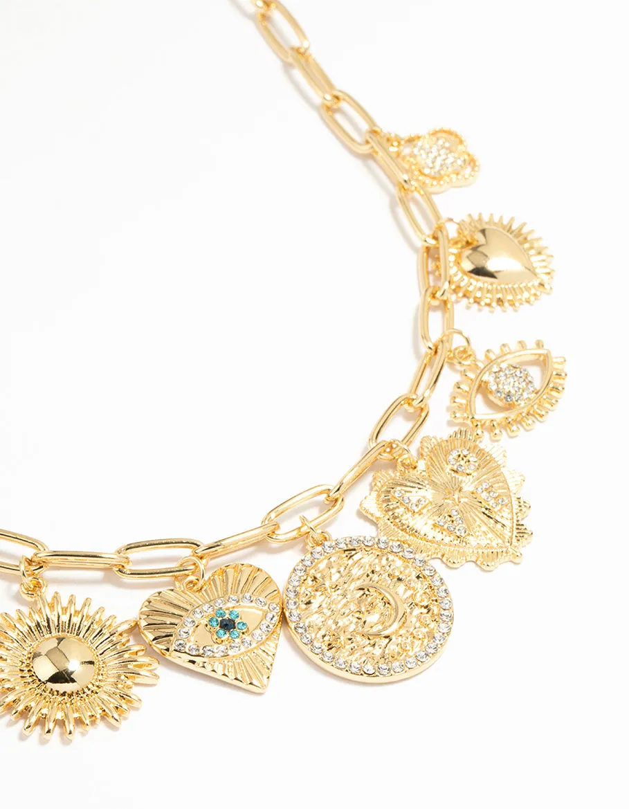 Gold Plated Evil Eye & Sun Charm Pendant Necklace Elegant Morning