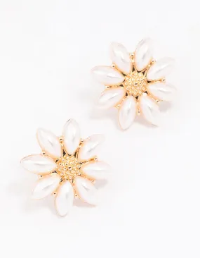 Gold Pearl Flower Stud Earrings Decorative Detail