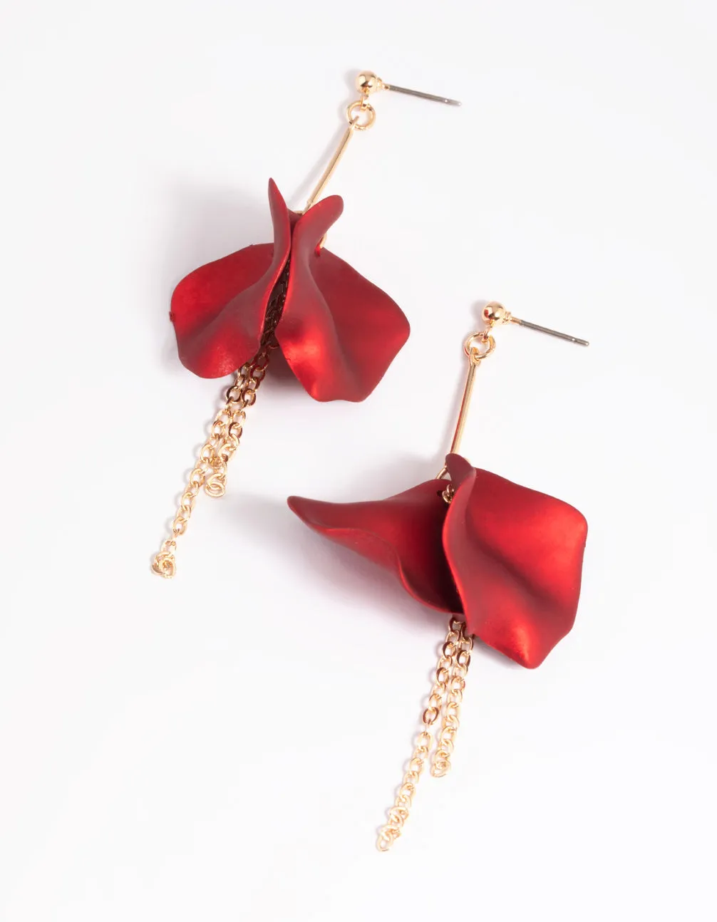 Red Petal & Chain Drop Earrings Square Decoration Brilliant Look