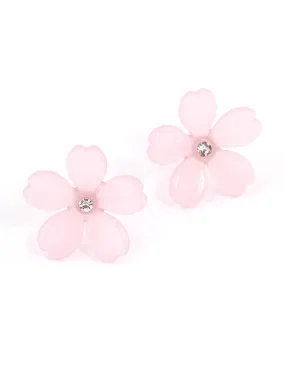 Heart-Shaped Item Pink Diamante Large Flower Stud Earrings