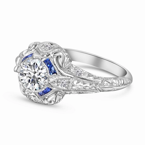 Platinum Engraved Antique Diamond and Sapphire Semi-Mount Dainty Accent Radiant Gifts