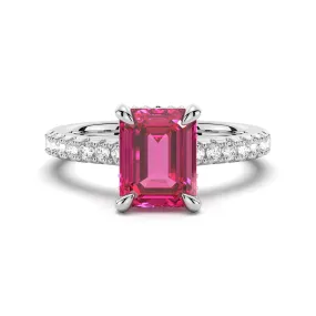 Present Day 3 CT. Side Stone Lab Grown Ruby Engagement Ring With Hidden Halo