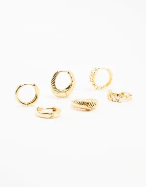 Holiday Adornment Affordable Detail Gold Plated Brass Textured Teardrop Hoops 3-Pack